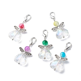 AB Color Transparent Acrylic Beads Pendant Decorations, Heart Angel Clip-on Charms, with Crackle Glass Beads and Zinc Alloy Lobster Claw Clasps