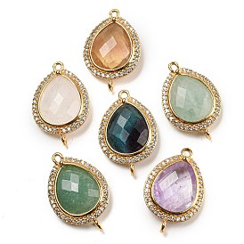 Natural Mixed Gemstone Faceted Teardrop Connector Charms, Rack Plating Brass Micro Pave Clear Cubic Zirconia Links, Golden