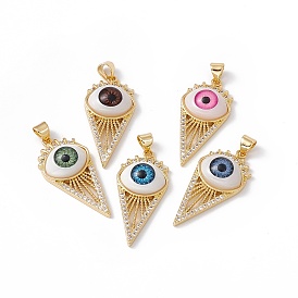 Rack Plating Brass Micro Pave Cubic Zirconia Pendants, with Resin, Cadmium Free & Nickel Free & Lead Free, Real 18K Gold Plated, Cone with Evil Eye