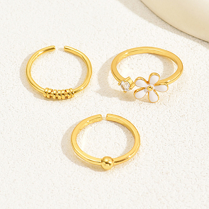 3 piezas 3 conjunto de anillos de puño abiertos de latón estilo, Anillos apilables con circonita cúbica y flores esmaltadas.