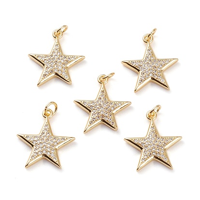 Brass Micro Pave Clear Cubic Zirconia Pendants, Long-Lasting Plated, with Jump Rings, Star