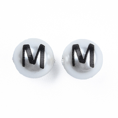 ABS Plastic Imitation Pearl Beads, with Printed, Round with Letter