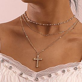 Multi-layer Pearl Chain Cross Pendant Necklace for Women with Diamond Inlay - Trendy and Creative Female Jewelry