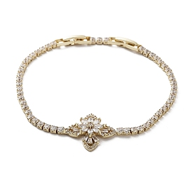 Brass Flower Link Bracelet with Clear Cubic Zirconia Tennis Chains, Long-Lasting Plated
