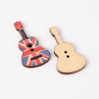 2-луночное гитара напечатаны деревянные кнопки швейные, 36x18x3 мм, отверстие : 2 мм