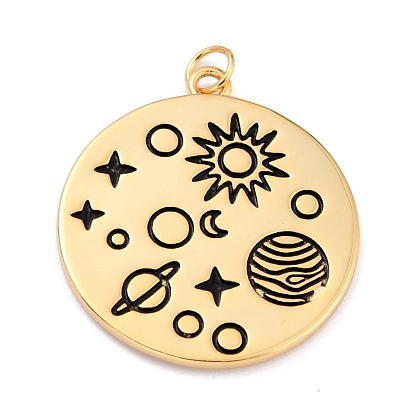 Laiton émail pendentifs, pendentifs système solaire, avec des anneaux de saut, plaqué longue durée, plat rond & planète, noir
