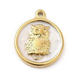 Ion Plating(IP) 304 Stainless Steel Enamel Pendants, Flat Round with Owl