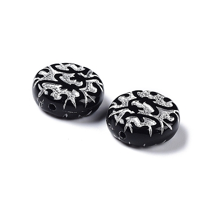 Black Opaque Acrylic Beads, Metal Enlaced, Flat Round