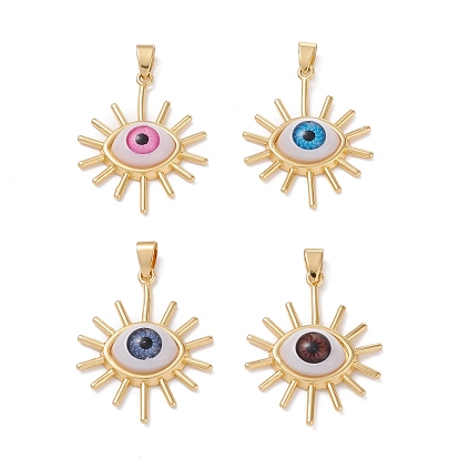 Brass Pendants, with Resin Cabochons, Long-Lasting Plated, Sun with Evil Eye, Real 18K Gold Plated