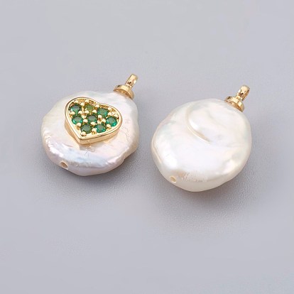 Pendentifs de perles d'eau douce de culture naturelle, avec les accessoires de zircone et en laiton cubes, plaqué longue durée, cœur, réel 18 k plaqué or