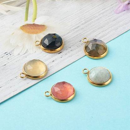 Handmade Natural Mixed Gemstone Pendants, with Golden 304 Stainless Steel Settings, Faceted, Half Round