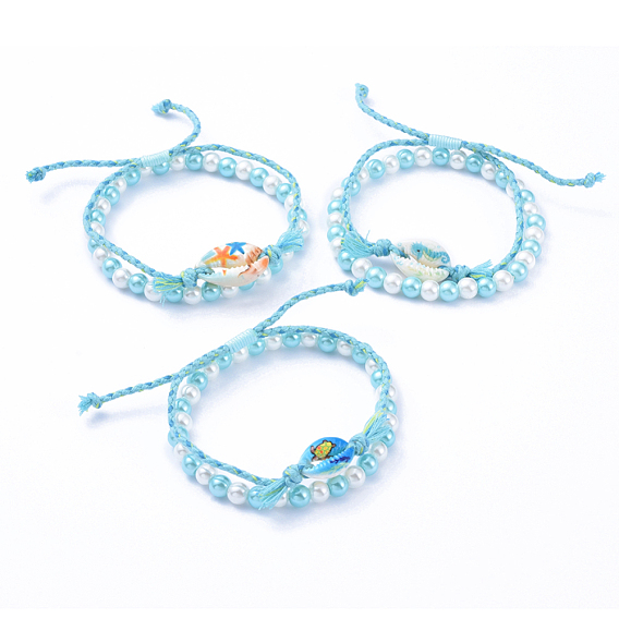 Adjustable Braided Bead Bracelets and Stretch Bracelets Sets, with Printed Cowrie Shell Beads, Glass Pearl Beads, Cotton Cord and Nylon Thread