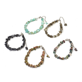Mixed Gemstone Chip Beads Anklets, with Glass Seed Beads, with Brass and Stainless Steel Findings