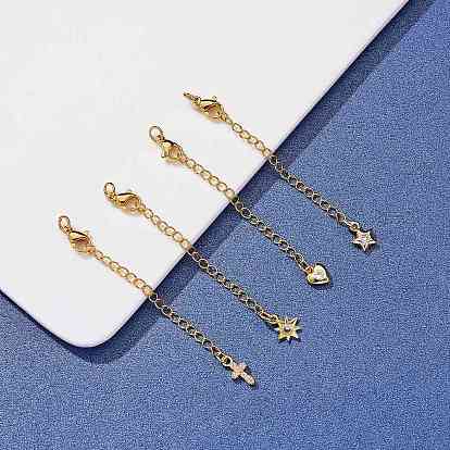 8Pcs 4 Style Brass Micro Pave Cubic Zirconia Chain Extender, with Stainless Steel Lobster Claw Clasps and Mixed Shape Charm, Long-Lasting Plated
