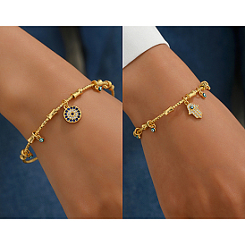 Golden Brass Open Cuff Bangles, with Cubic Zirconia Evil Eye Charms for Women