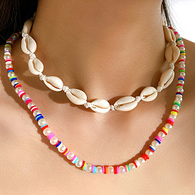 Bohemian Shell Pendant Colorful Rice Bead Necklace Flower Charm Pearl Collarbone Chain