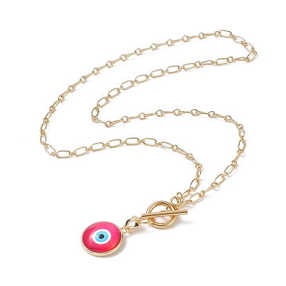 Flat Round Glass Evil Eye Pendant Necklaces, Golden Tone Brass Chain Necklaces for Women