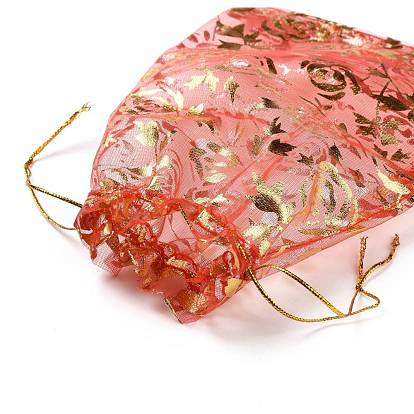 Gold Stamping Rose Flower Rectangle Organza Gift Bags, Jewelry Packing Drawable Pouches