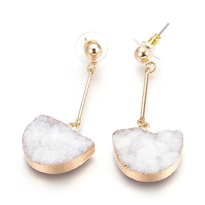 Natural Druzy Quartz Dangle Stud Earrings, with Golden Tone Brass Findings, Half Round