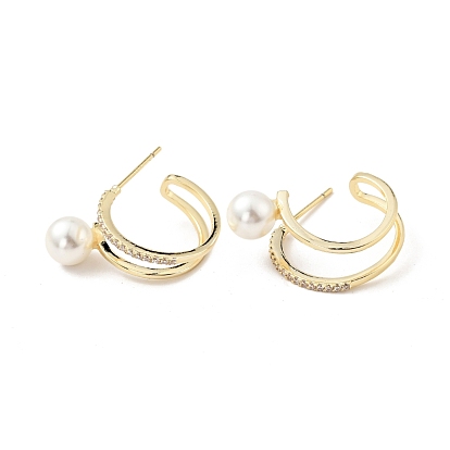 Clear Cubic Zirconia C-shape Stud Earrings with Acrylic Pearl, Brass Half Hoop Earrings for Women, Cadmium Free & Nickel Free & Lead Free
