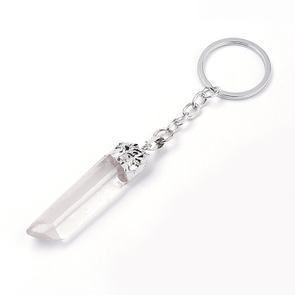 Natural Crystal Quartz Keychain, with Iron Findings, Nuggets, Platinum