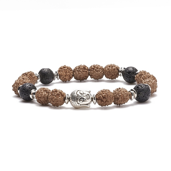 Bracelet de perles de mala, Bracelet extensible perlé tête de bouddha en bois de rudraksha naturel et roche de lave pour hommes femmes