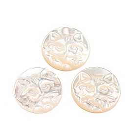 Natural Sea Shell Cabochons, Flat Round with Engraved Tiger