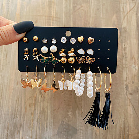 Vintage Gold Butterfly Aircraft Tassel Earrings Set - 17 Pieces, Creative, Pearl Inlaid.