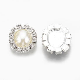 Cabochons à dos plat en laiton, avec strass et abs en plastique imitation perle, ovale, couleur argent plaqué, cristal