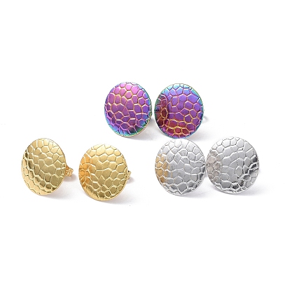 304 Stainless Steel Textured Flat Round Stud Earrings for Women