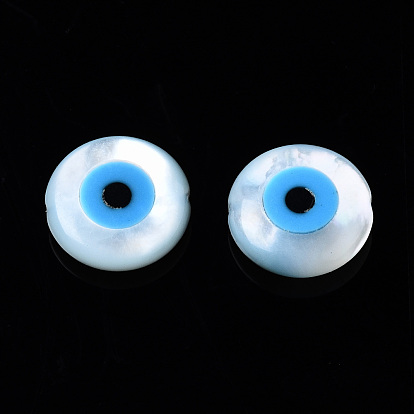 Perlas de concha de nácar blanco natural, con turquesa sintética, plano y redondo con mal de ojo