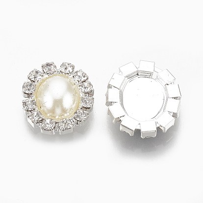Cabujones de espalda plana de latón, Con diamantes de imitación y abs imitación de perlas de plástico., oval, el color plateado de plata, cristal