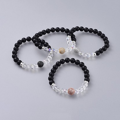 Natural Black Agate(Dyed) Stretch Bracelets, with Faceted Glass Beads and Rack Plating Brass Cubic Zirconia Beads