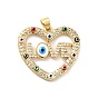 Rack Plating Brass Micro Pave Clear Cubic Zirconia Pendants, with Enamel, Cadmium Free & Lead Free, Heart with Evil Eye & Word Love, Real 18K Gold Plated