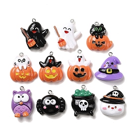 Ghost/Cat Shape/Pumpkin/Owl/Crab/Skull Opaque Resin Pendants, Halloween Charms with Platinum Tone Alloy Loops