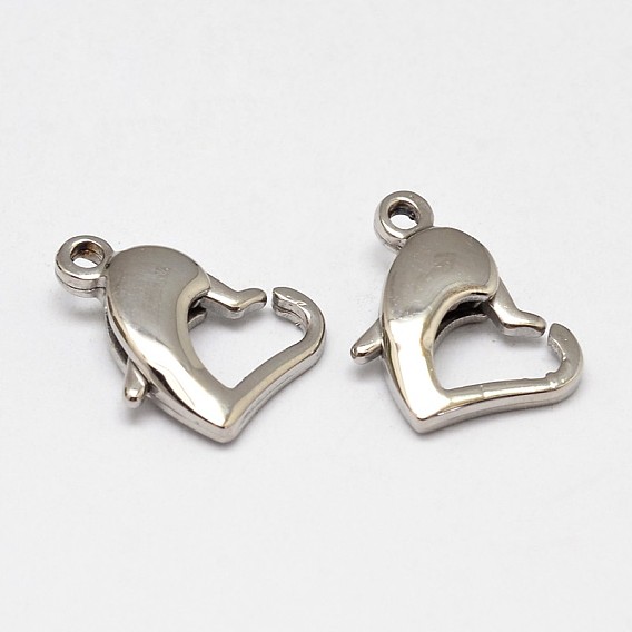 304 Stainless Steel Lobster Claw Clasps, Heart, 10x14x3.5mm, Hole: 1.5mm