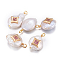 Natural Cultured Freshwater Pearl Pendants, with Brass Micro Pave Cubic Zirconia Findings, Nuggets with Star, Golden