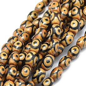Tibetan Style 3-Eye dZi Beads Strands, Natural Agate Beads, Dyed & Heated, Oval