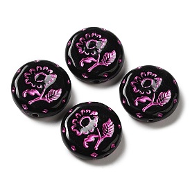 Opaque Acrylic Beads, Flat Round with Flower