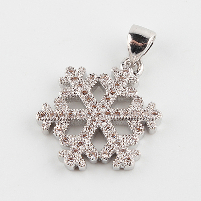Snowflake Brass Micro Pave Cubic Zirconia Pendants, 19x15x2mm, Hole: 4.5x2mm