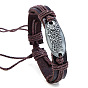 Adjustable Cowhide Cord Bracelets for Men, Antique Silver Tone Oval Alloy Links Bracelets