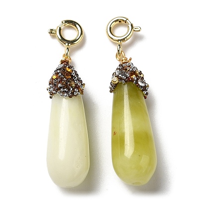 Decoraciones colgantes de jade natural xiuyan, con diamantes de imitación y cierres de anillo de resorte de latón chapados en rejilla, lágrima