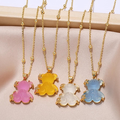 Resin Pendant Necklaces, with Brass Micro Pave Cubic Zirconia Finding, Bear