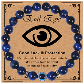 Natural Tiger Eyes Beads Bracelet, with Evil Eye, Elastic Bracelet