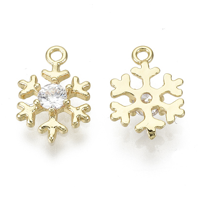 Brass Micro Pave Clear Cubic Zirconia Charms, for Christmas, Nickel Free, Snowflake