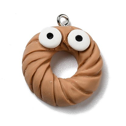 Opaque Resin Pendants, with Platinum Tone Iron Loops, Imitation Food, Doughnut with Eyes