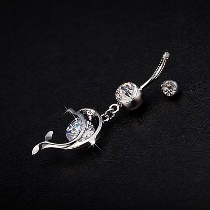 Piercing bijoux véritable platine plaqué laiton strass dauphin nombril anneau ventre anneaux, 51x16mm
