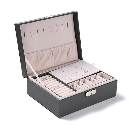 PU Imitation Leather Jewelry Organizer Box with Lock, Double Stackable Jewelry Case for Earrings, Ring, and Necklace, Rectangle