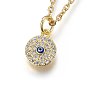 304 Stainless Steel Pendant Necklaces, with Cubic Zirconia and Enamel, Flat Round, Clear