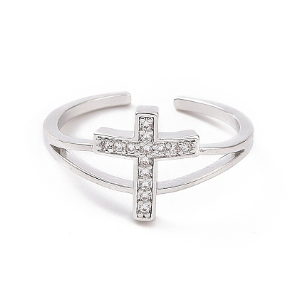 Micro latón allanar anillos de circonio cúbico, anillo de puño abierto, anillo de cruz de religión para mujer
